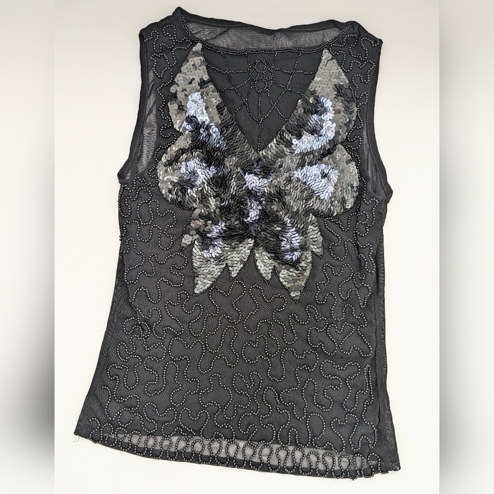 Women's/Girls' Black Sparkle Sequined & Beaded Sleeveless Blouse/Top/Tank Top